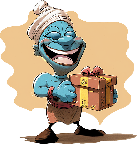 Gift Genie smiling holding a gift